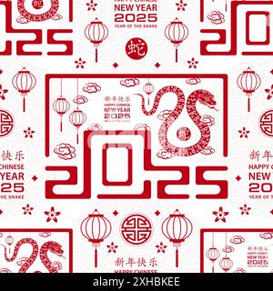 Nahtloses Muster mit asiatischen Elementen auf farbigem Hintergrund für das glückliche chinesische Neujahr der Schlange 2025, Flyer, Poster und Banner, (übersetzt: Chinesisch Stock Vektor