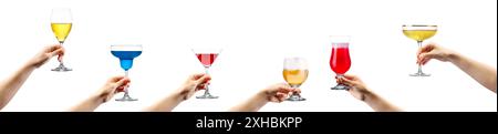Frau Hände, die Cocktails, Champagner- und Biergläser auf weißem Hintergrund halten Stockfoto