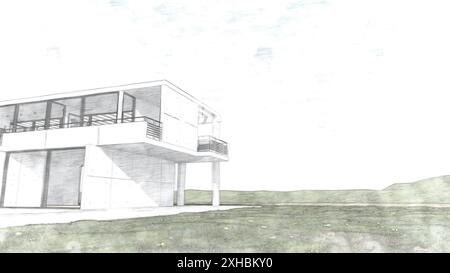 Farbige Skizze eines modernen Hauses mit Gras und sauberem weißem Hintergrund, leere Räume mit Inhalt entsprechend dem Thema auszufüllen Stockfoto
