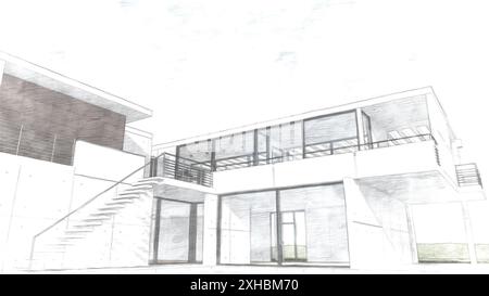 Farbige Skizze eines modernen Hauses mit Glas und Treppe, Blick aus der Froschperspektive Stockfoto