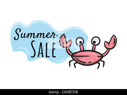 Sommerangebot. Helle Vektorzeichnung einer lustigen Krabbe. Illustration für die Gestaltung einer Werbeaktion, eines Rabatts, einer Werbung Stock Vektor