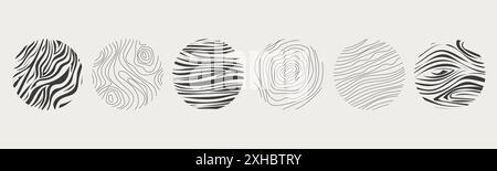 Holz Textur Material kritzelt Hand gezeichnete Linie. Geometrische Kurve und Wellenkontur des Baumstamms. Ringe und Kreise. . Vektorabbildung Stock Vektor