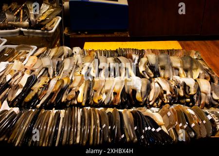 Traditioneller handgemachter Kamm aus Tierhorn in Souvenir Geschenk lokaler chinesischer Shop für Menschen Reisende besuchen und wählen kaufen Sie auf dem Markt in Xiangxi P Stockfoto