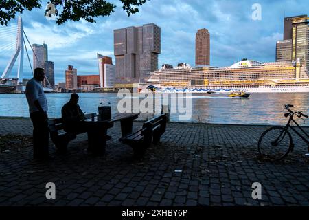 Rotterdam, Skyline an der Nieuwe Maas, Erasmus-Brücke, Wolkenkratzer im Stadtteil Kop van Zuid, Kreuzfahrtschiff Aida Prima am Kreuzfahrtterminal, Net Stockfoto