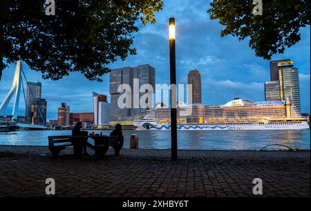 Rotterdam, Skyline an der Nieuwe Maas, Erasmus-Brücke, Wolkenkratzer im Stadtteil Kop van Zuid, Kreuzfahrtschiff Aida Prima am Kreuzfahrtterminal, Net Stockfoto