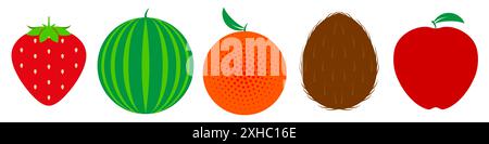 Eine Wassermelone, eine Erdbeere, eine Orange, eine Kokosnuss und einen Apfel, alle Früchte, die aus verschiedenen Pflanzen stammen, sind in einer Reihe angeordnet, um die Vielfalt zu verdeutlichen Stockfoto