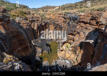 Canyon mit steilen orangefarbenen Klippen mit dem Blyde River, Bourke's Luck Potholes, Panorama Route, Mpumalanga, Südafrika Stockfoto