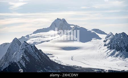 Berggipfel und Gletscher im Morgenlicht, Gurgler Ferner mit Hochwilde, Naturpark Ötztal, Ötztaler Alpen, Tirol, Österreich Stockfoto