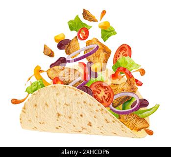 Döner Kebab, Hühnershawarma isoliert auf weißem Hintergrund, volle Tiefe des Feldes Stockfoto