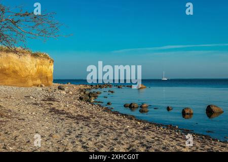 Die Kreidefelsen bei Klein Zicker auf der ostseeinsel Rügen und ein Segelboot an einem hellen Sommertag Stockfoto