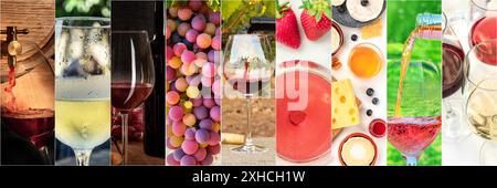 Designvorlage für Wine Collage. Ein Panorama mit vielen Fotos von Weingläsern, Wein gießen, Trauben in Weinbergen, Verkostungen, einem Design für ein Weingut Banner oder Stockfoto