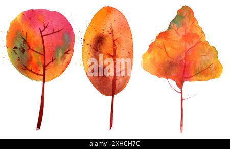 Herbstbäume. Eine Reihe von skurrilen Bäumen in den Farben des Herbstes, isoliert auf weißem Hintergrund, abstrakte Zeichnung Stockfoto