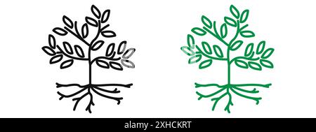 Baum mit Roots and Leaves Symbol Vektorsymbol oder Zeichensatz Sammlung in Schwarzweiß-Umrandung Stock Vektor