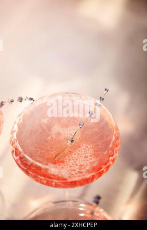 Gläser mit kaltem rosafarbenem Champagner und Lavendelblüten auf dem Tisch Stockfoto