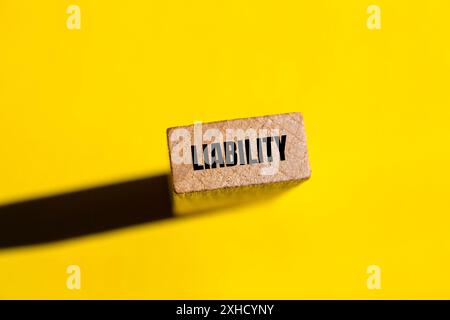 Haftpflichtmeldung auf Holzblock mit gelbem Hintergrund. Begriffliches Haftungswort-Symbol. Kopierbereich. Stockfoto