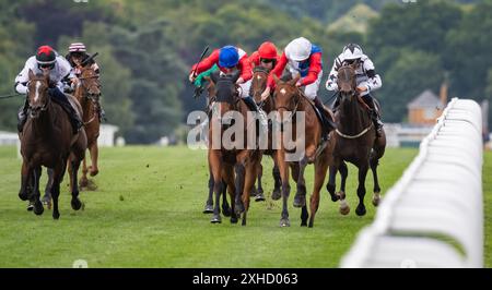 Ascot, Berkshire, Vereinigtes Königreich, Samstag, 13. Juli 2024; Surveyor und Jockey Callum Shepherd gewinnen die Village Hotels Fillies Handicap Stakes für Trainer James Fanshawe und Eigentümer Cheveley Park Stud Credit JTW equine Images / Alamy Live News Stockfoto