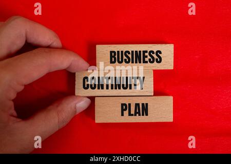 Meldung des Business Continuity Plans auf Holzblöcken mit farbigem Hintergrund. Symbol für den konzeptionellen Business Continuity Plan. Kopierbereich. Stockfoto