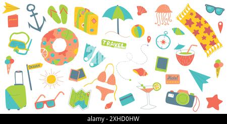 Set von Sommerferien. Tropisches Meer, Strand und Reisekonzept. Vector Flat Cartoon Elements Collection isoliert auf weiß. Sommerausrüstung Stock Vektor