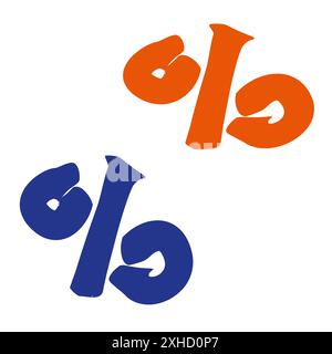 Blaues und orangefarbenes Symbol „Prozent flach“ isoliert auf weißem Hintergrund. Hand gezeichnete Vektor-Illustration, Cartoon-Sammlung von Design-Element für Shop-Verkaufsanzeigen Stock Vektor