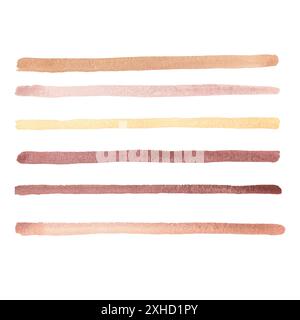 Set mit Streifen und Punkten in Aquarellfarben. Zarte rosa und burgunderrote Streifen, handgezeichnet in Aquarell und isoliert auf weißem Hintergrund. Stockfoto