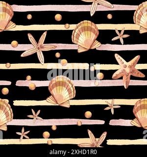 Nahtloses Muster. Muscheln, Seesterne, Perlen, handbemalt in Aquarell, Aquarellstreifen und Flecken. Aquarellabbildung. Geeignet zum Drucken Stockfoto
