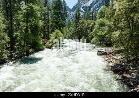 Der Merced River ist nach dem Frühlingsregen und der Schneeschmelze im Yosemite-Nationalpark, Kalifornien, im Jahr 2005 schnell fließend Stockfoto