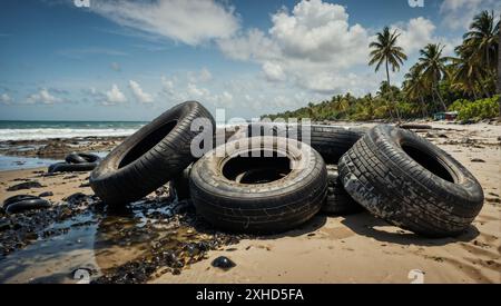 Alte Autoreifen, Müll am Strand. Stockfoto