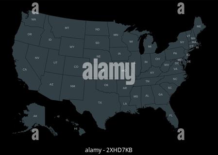 Vereinigte Staaten von Amerika, dunkle politische Karte. Fünfzig staaten mit ihren eigenen geografischen Gebieten und Grenzen. Stockfoto