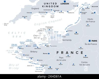 Nordfrankreich, touristische Namen von Stränden und Küsten, politische Karte. Küste Frankreichs und Großbritanniens entlang des Ärmelkanals. Stockfoto