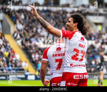 Rumpf, Großbritannien. Juli 2024. Betfred Super League, Runde 17: Hull FC gegen Hull Kingston Rovers (KR). Tyrone May von Hull KR feiert den Mikey Lewis Try. Credit Paul Whitehurst/PBW Media/Alamy Live News Stockfoto