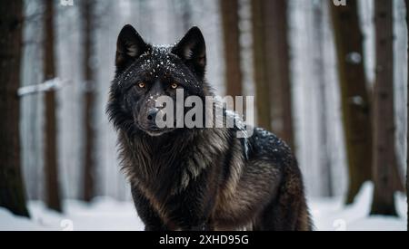 Schwarzer Wolf, der im Winter auf einem Waldweg steht. Stockfoto