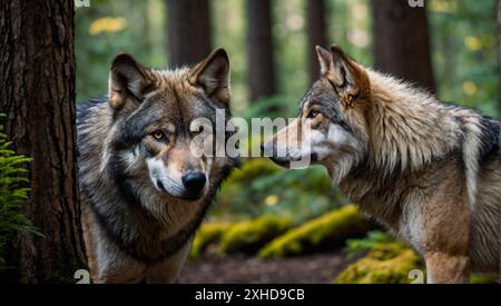 wolf steht auf einem Waldweg aus nächster Nähe Stockfoto