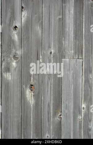 Nahaufnahme von Holzverkleidungen in einem Außenschuppen, die über Jahre verwittert sind. Stockfoto