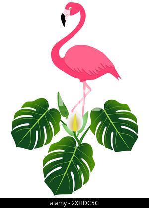 Rosafarbener Flamingo und Monstera oder Philodendron mit Spaltblättern (Monstera deliciosa). Stock Vektor