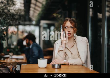 Geschäftsfrau, die in einem Café telefoniert Stockfoto