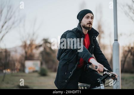 Ein junger Mann genießt in der Abenddämmerung eine Fahrradtour im Park in lässiger Winterkleidung. Stockfoto