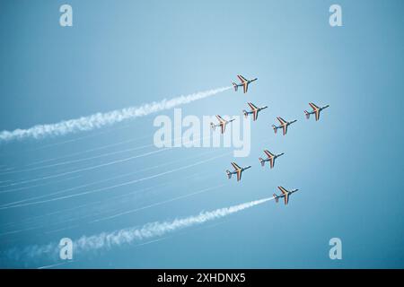 Dinard, Frankreich - 24. August 2008: Französische Luftwaffe, Formationsflug mit 8 Alpha Jets der Patrouille de France auf der Flugschau Stockfoto