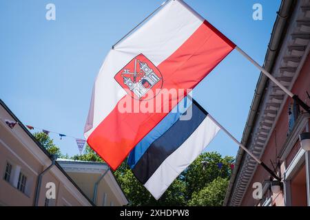 Tartu, Estland - 25. Mai 2024: Nahaufnahme der Stadtflagge und der estnischen Flagge. Stockfoto