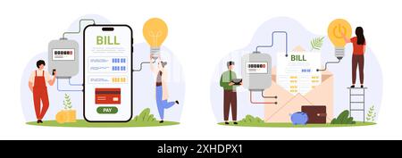 Zahlung für Strom über mobile App, Benachrichtigungen per E-Mail Set. Winzige Leute zahlen für die Energierechnung mit Kreditkarte auf dem Telefon-Bildschirm, halten Glühbirne, überprüfen Sie den Preis in Letter Cartoon Vektor Illustration Stock Vektor