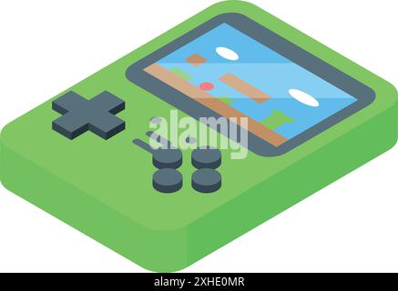 Isometrische Ansicht einer grünen Handheld-Videospielkonsole, die eine laufende Figur anzeigt Stock Vektor