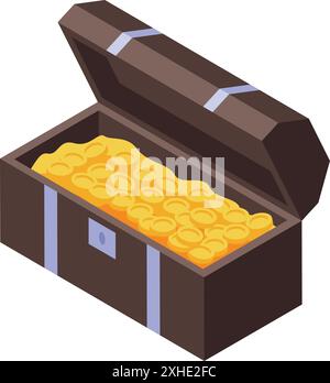 Alte Holzkiste voller Goldmünzen öffnet sich, isoliert auf weißem Hintergrund Stock Vektor