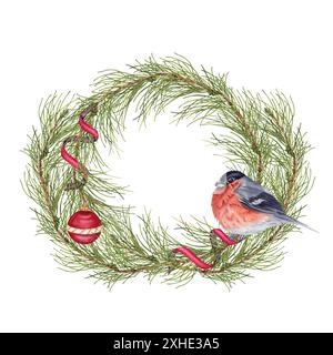 Weihnachtskranz mit handgezeichneten Tannenzweigen und -Kegeln, Banddekorationen und einem finkenvogel. Aquarellabbildung isoliert vom Hintergrund. Stockfoto