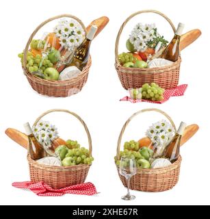 Korb aus Rattan mit Picknickspeisen, isoliert auf weißer Collage Stockfoto
