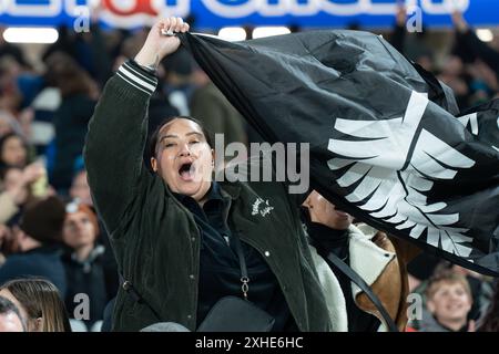 Auckland, Neuseeland. Juli 2024. Neuseelands Fan feiert ihr Team, das wichtige Punkte in der zweiten Halbzeit erzielt. New Zealand All Blacks gegen England. Steinlager Ultra Low Carb, zweiter Test. Auckland. Neuseeland. Neuseeland schlägt England 24-17 (HT 13-14). (Joe Serci/SPP) Credit: SPP Sport Press Photo. /Alamy Live News Stockfoto