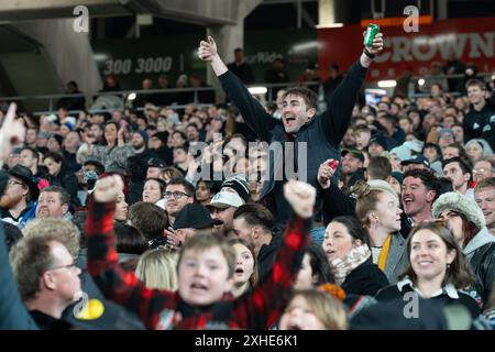Auckland, Neuseeland. Juli 2024. Ein neuseeländischer Fan feiert sein Team mit wichtigen Punkten in der zweiten Halbzeit. New Zealand All Blacks gegen England. Steinlager Ultra Low Carb, zweiter Test. Auckland. Neuseeland. Neuseeland schlägt England 24-17 (HT 13-14). (Joe Serci/SPP) Credit: SPP Sport Press Photo. /Alamy Live News Stockfoto