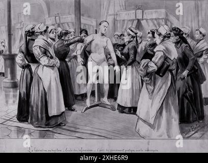 Eine Gruppe von Krankenschwestern in Uniformen steht in einer französischen Krankenhausstation und hört aufmerksam zu, wie eine Krankenschwester demonstriert, wie man eine Schaufensterpuppe verband. Die Schaufensterpuppe befindet sich auf einem Stand in der Mitte des Raumes, umgeben von den Schwestern. Datum: c. 1927. Stockfoto