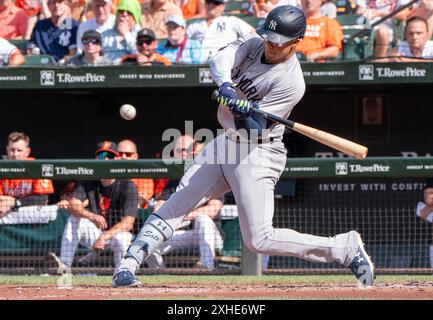 Baltimore, USA. Juli 2024. BALTIMORE, MD - 13. JULI: Der New York Yankees-Outfield Juan Soto (22) bei einem MLB-Spiel zwischen den Baltimore Orioles und den New York Yankees am 13. Juli 2024 im Orioles Park at Camden Yards in Baltimore, Maryland. (Foto: Tony Quinn/SipaUSA) Credit: SIPA USA/Alamy Live News Stockfoto