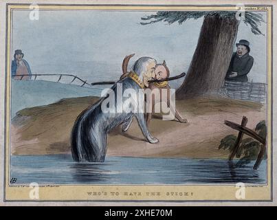 Ein großer Hund mit dem Kopf des Duke of Wellington taucht aus einem Gewässer hervor, während ein kleinerer Hund mit dem Kopf von Lord John Russell das gegenüberliegende Ende eines mit einem Stock beschrifteten Committee Ireland zieht. Beide Hunde ziehen im Kampf am Stock. Der Hund, der Wellington repräsentiert, trägt ein Halsband, das Duke liest. Im Hintergrund beobachten John Bull und Daniel O'Connell die Hunde. Dieser politische Cartoon, eine Lithografie von H.B. John Doyle, wurde 1839 erstellt. Doyle, John, 1797-1868. Datum: 15. April 1839 Stockfoto