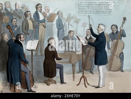 Der Duke of Wellington dirigiert ein Orchester aus konservativen Regierungsministern. Farblithographie von H.B. (John Doyle), 1838. Sir Robert Peel und Lord Stanley spielen Geigen. Weitere Mitglieder sind Sir James Graham, Sir William Follett, Sir Frederick Pollock, Sir Henry Hardinge mit den Lords Wicklow, Londonderry, Lyndhurst, Ellenborough und Aberdeen Stockfoto