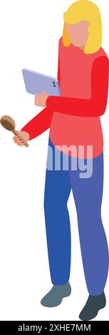 Die Chefin hält einen hölzernen Löffel und benutzt ein Tablet, vielleicht sucht sie nach einem Online-Rezept Stock Vektor